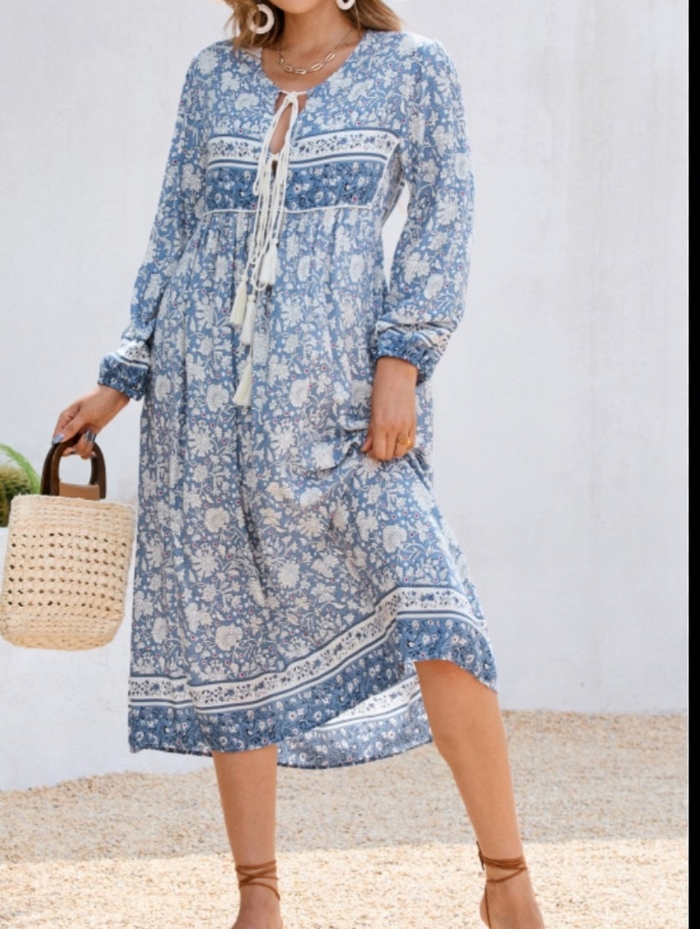 Blue Floral Midi Dress with Tassel Tie - Picture 12 of 15
